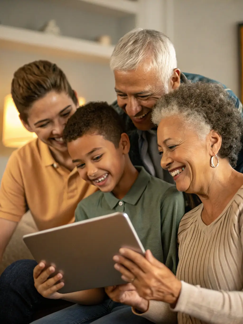 A family looking at a digital legacy created with IAMSingle.ai, emphasizing the platform's ability to preserve memories and insights.