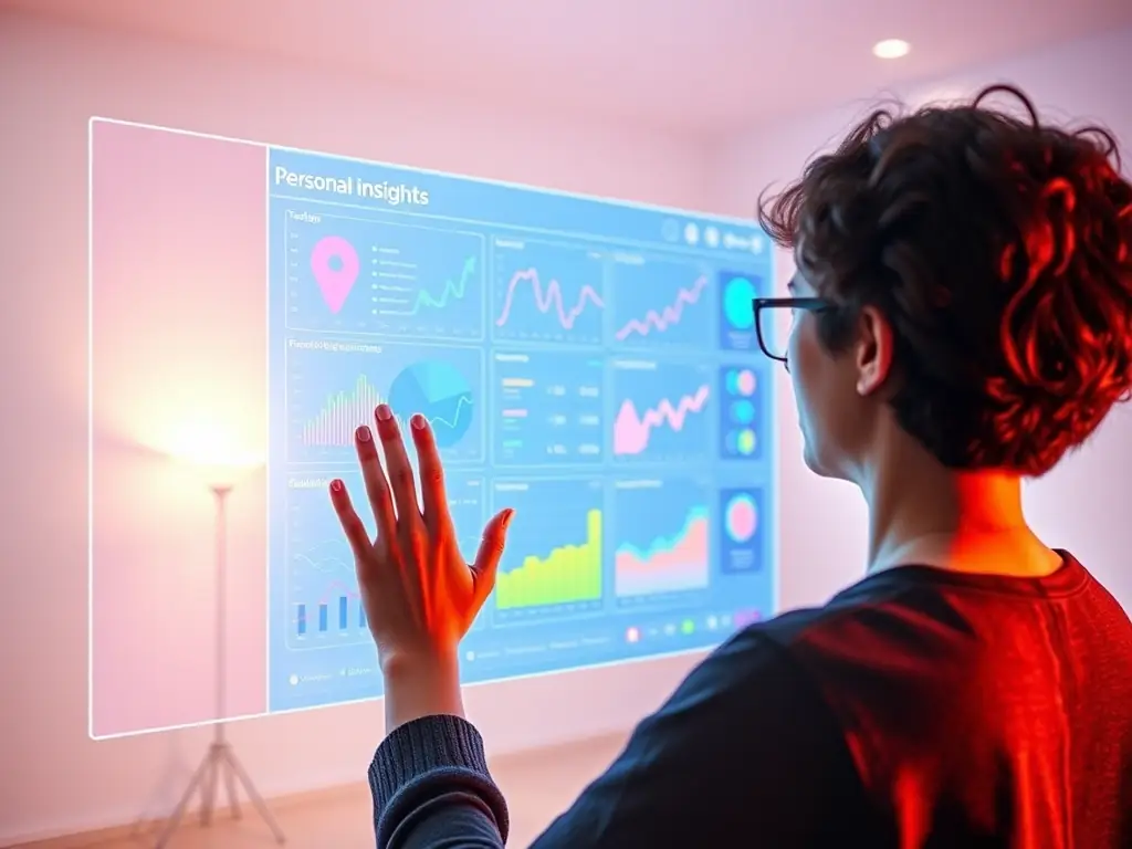 A person looking thoughtfully at a digital interface displaying personal insights and behavioral patterns, symbolizing self-reflection and understanding.