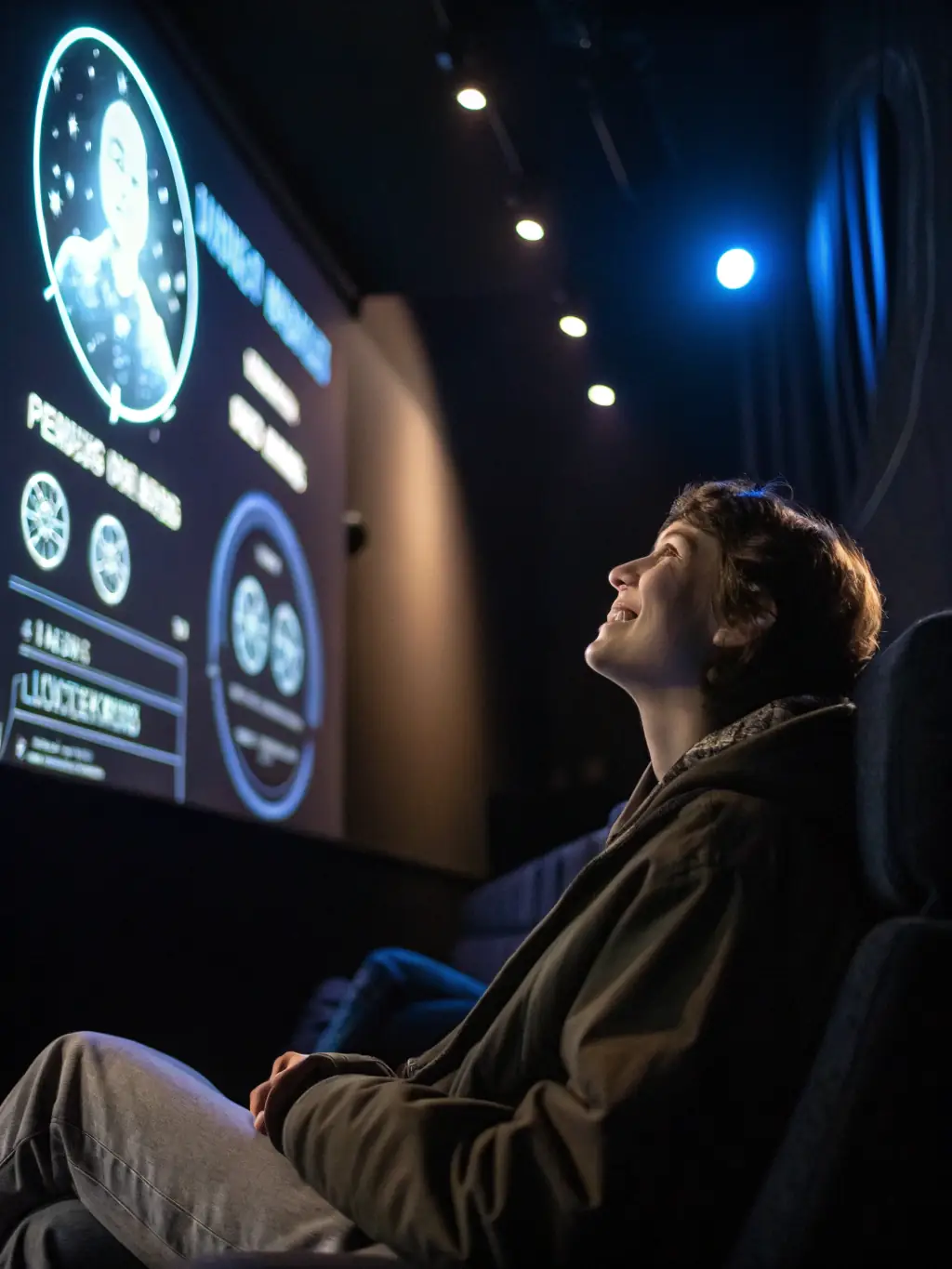 A person thoughtfully looking at a digital interface displaying personalized insights and reflections, representing the self-awareness benefits of IAMSingle.ai.