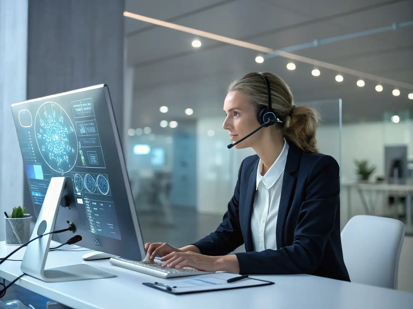 A digital illustration depicting an AI assistant helping a customer service representative resolve a customer query in real-time, showcasing the platform's application in customer support.