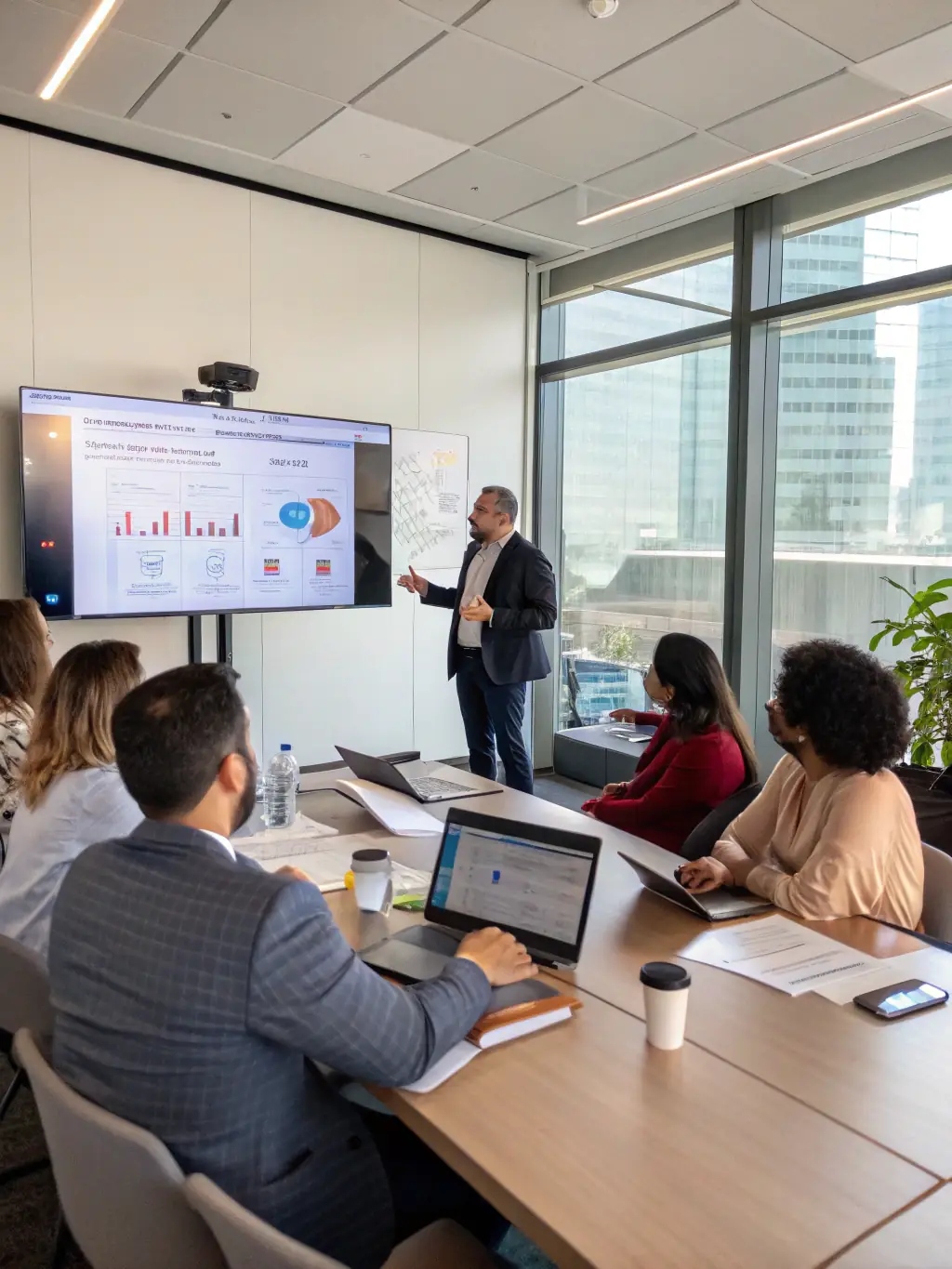 An image showing a diverse group of professionals using the AI platform in a B2B setting, highlighting versatile application.