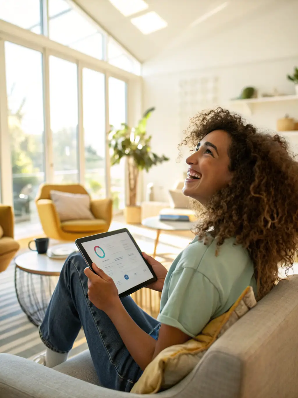 A digital illustration depicting a user happily interacting with an AI persona on a tablet, showcasing enhanced user engagement.