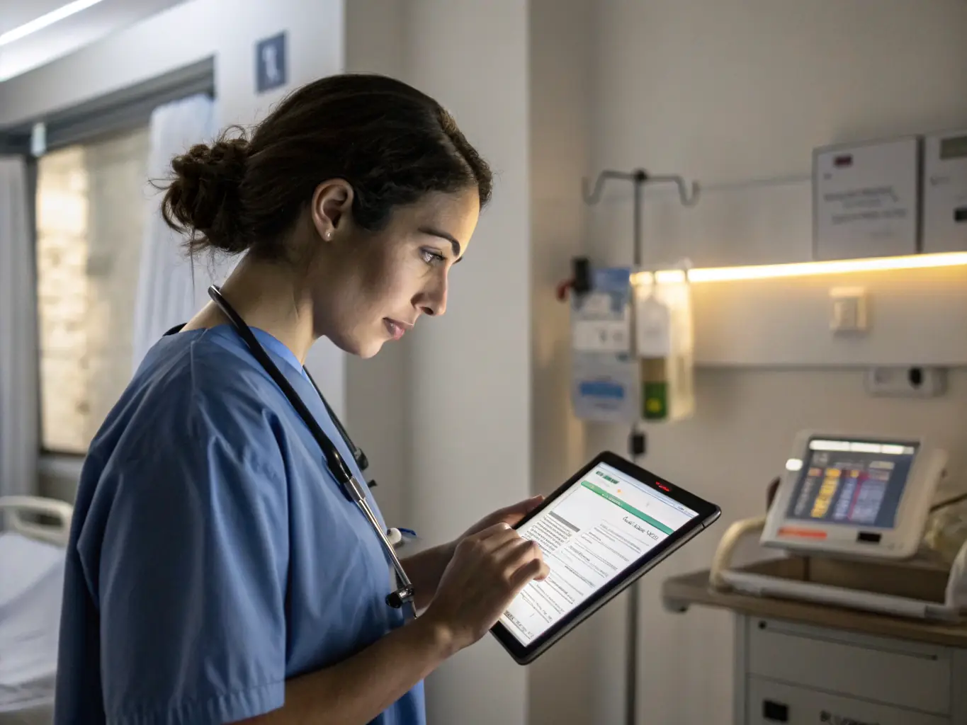 An image showing an AI persona assisting a healthcare professional in accessing and analyzing patient data, demonstrating the platform's application in healthcare.